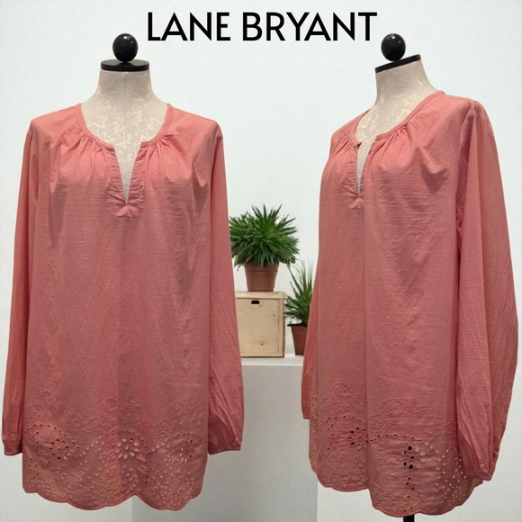 Lane Bryant Tops - Lane Bryant Swing Neck Peasant Eyelet Hem Long Sleeve Blouse Top Coral Size 18